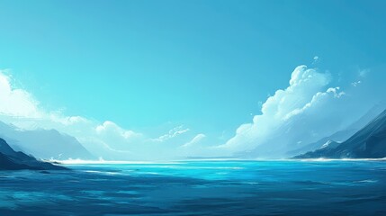 Poster - Smooth gradient of the blue sea, transitioning from aqua near the shore to deep royal blue on the horizon, bathed in gentle sunlight