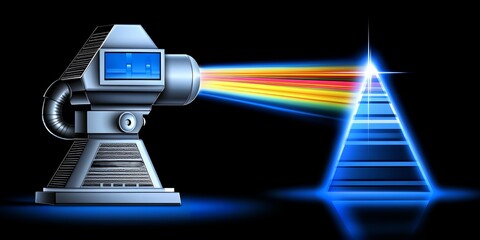 Poster - Futuristic Device Projects Spectrum of Light onto a Pyramid Structure Abstract Technology Illustration Digital Art