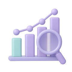 Poster - Rising Analysis: A 3D render showcases an upward-trending graph with bar charts and a magnifying glass, symbolizing business analytics, data analysis, and market research. 