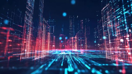 Poster - A futuristic digital cityscape made of glowing blue and red lines, resembling a virtual metropolis or smart city concept.