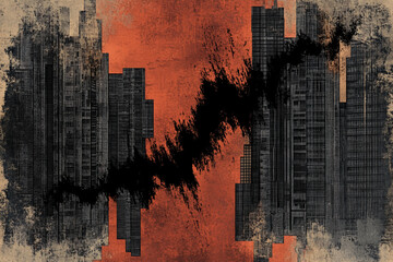Poster - Abstract artwork depicting stylized buildings separated by a black brushstroke, set against a textured orange background, suggesting urban division or contrast