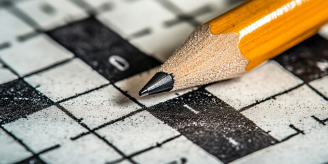 Poster - Close-up of yellow pencil on crossword puzzle, showing graphite texture and grid detail, representing logic, problem-solving, and mental acuity