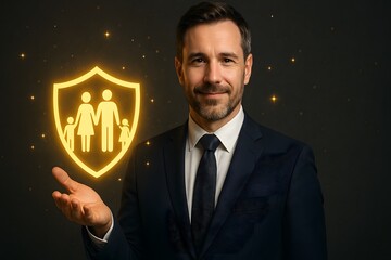 Aufkleber - Businessman Presenting Family Insurance Concept on Dark Background