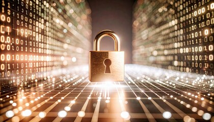 Poster - abstract digital security concept with a glowing padlock surrounded by binary code and digital light