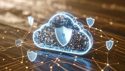 Poster - digital cloud computing security concept with glowing shield icons and interconnected network elemen