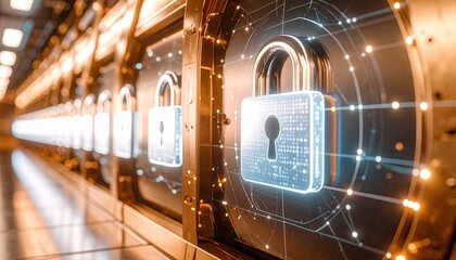 Poster - modern digital security system with illuminated locks and holographic lock icons on technological st