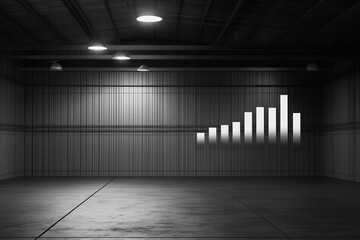 Poster - Minimalist industrial space with ascending bar graph projection on wall, evoking growth