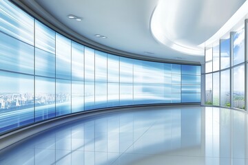Poster - Modern office interior featuring large glass windows with a city view and bright lighting