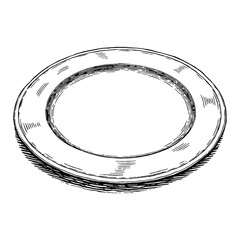 Wall Mural - empty wooden plate for food classic isolated object black and white outline line art drawing vintage
