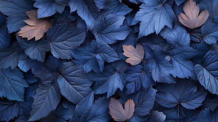 Poster - Deep blue leaves texture, creating a rich and moody atmosphere, showcasing autumnal tones and natural beauty, ideal for background or design element