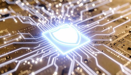 Poster - close-up of a glowing digital shield symbol on a circuit board representing cybersecurity and data p