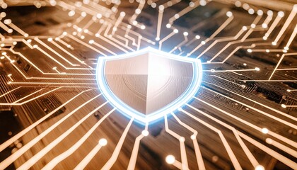 Poster - high tech digital security concept with bright circuit lines and shield icon protecting data on dark