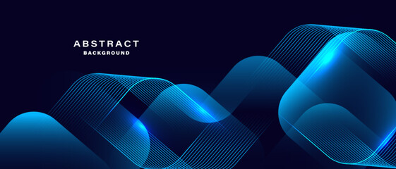 Fototapete - Dynamic abstract blue background with glowing wave lines. Vector.