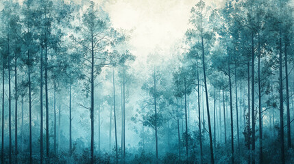 Poster - Misty teal forest scene, tall slender trees, soft light filtering through, evokes tranquility and serenity, ideal for calming background