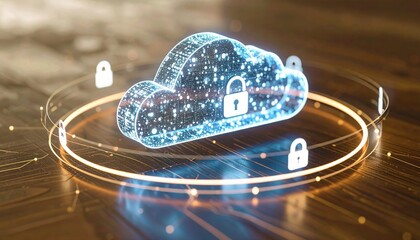 Poster - digital cloud security concept with lock icons and data network on futuristic wooden surface for clo
