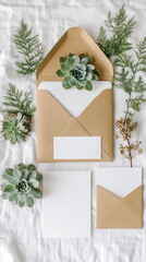 Poster - Kraft envelopes, blank cards, succulents, and greenery arranged on white textile backgroundShowcase for stationery, wedding invitation, or branding mockupsFree space for text