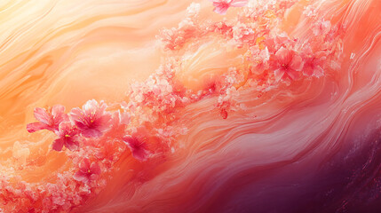 Poster - Abstract image of pink flowers on a swirling, orange-red background, creating a flowing, dreamy aesthetic suitable for various designs and digital applications