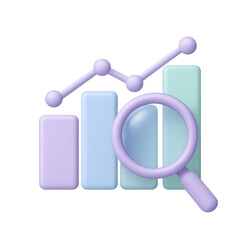 Poster - Data Analysis Magnifier: A 3D rendering of a bar graph with an overlaying magnifying glass, symbolizing data analysis, market research, and strategic planning.