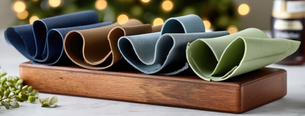Poster - Close-up view highlights abstract wave shapes crafted from leather in brown and blue hues, set against a wooden shelf with candles