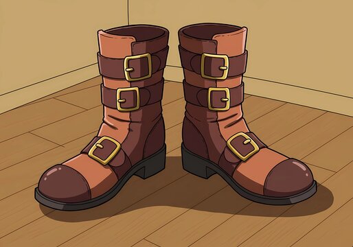 A Pair of Stylish Brown and Orange Boots Resting on a Wooden Floor