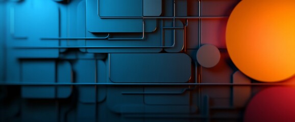 Leinwandbilder - Abstract geometric composition with blue rectangles and vibrant orange spheres