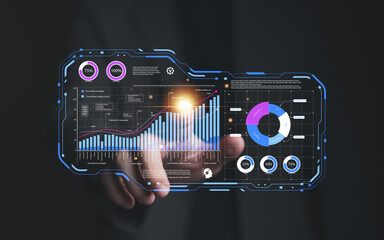 Wall Mural - entrepreneur using big data analysis and cloud technology to collect customer data and display on ap