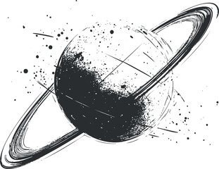 Wall Mural - black and white artistic illustration of a planet with rings and splatter effect in space