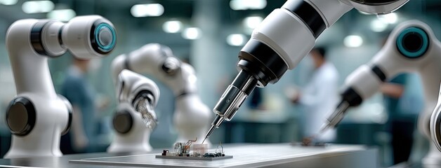 Poster - Robotic arms operate efficiently on the production line, showcasing advanced technology in a clean industrial environment