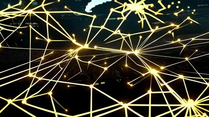Poster - Global network connection with glowing nodes and lines against a digital world map on a dark background, symbolizing worldwide communication.