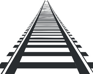 black and white perspective view of railroad tracks stretching into the distance on a white backgrou