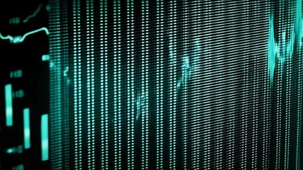 Poster - Abstract turquoise data stream and vertical bars on a dark screen with blurred background, depicting network communication and information flow.