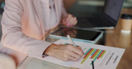 Poster - Hands, woman and typing on tablet with graphs documents, data analysis and financial report. Accountant, writing and paperwork for finance growth, investment statistics and information of bookkeeping