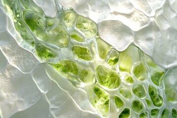 Fototapete - Abstract close-up of translucent, textured surface with green inclusions, resembling cellular structure or organic material.
