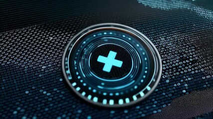Poster - Glowing plus sign icon on dark futuristic circuit board with a technological design background.