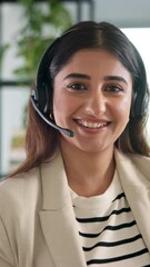 Aufkleber - Woman, face and headset for customer service in call center with inbound query, online advice and helping client. Friendly consultant, employee and microphone for account management and assistance