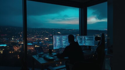 Aufkleber - A person working at a desk with multiple monitors, overlooking a city skyline at dusk, showcasing a blend of technology and urban ambiance. Software Developer coding programer