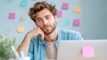 Poster - Young man sitting at a desk, looking thoughtful with colorful sticky notes in the background. Software Developer coding programer