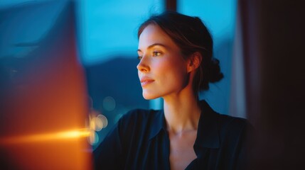 Poster - A woman gazes thoughtfully at her computer screen in a dimly lit room, with soft lighting and a serene atmosphere. Software Developer coding programer