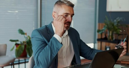 Poster - Stress, laptop and business man in office with tension for problem, financial crisis and debt review. Company, corporate and mature person with pressure, frustrated and worry for mistake or deadline