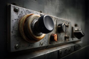 Wall Mural - Close-up of a vintage control panel with worn dials and knobs, evoking a sense of history and decay.