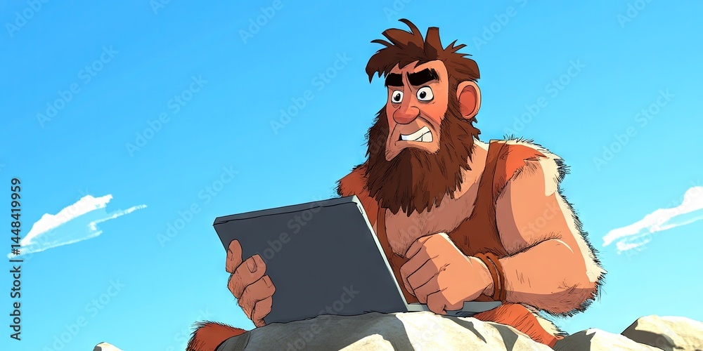 cartoon neanderthal using stone laptop Stock Illustration | Adobe Stock