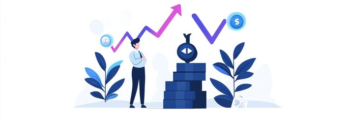 Aufkleber - Business Growth and Financial Success - A businessman stands before a rising stack of coins, symbolizing growth and financial achievement. An upward-trending graph emphasizes progress