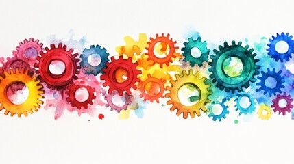 Poster - colorful interlocking gears abstract - vibrant watercolor painting of colorful gears interlocked, sy