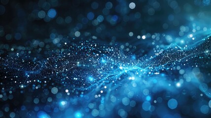 Poster - Abstract blue glowing wireframe waves on a dark background. Digital art for design of global connection with glowing blue dots and line connecting together. Global communication. Innovation. AIG53.