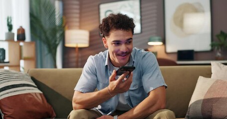 Aufkleber - Happy man, sofa and talking with speaker phone for audio recording, sound message or voice note at home. Male person, user or relax with mobile smartphone for communication app or network at house