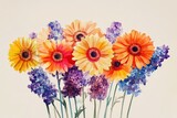 Vibrant floral arrangement of gerbera daisies and lilacs.