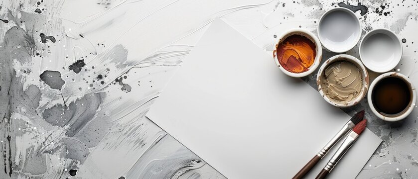 Flat lay composition of notebook, coffee, and green tropical leaves on a minimal background. Creative workspace and nature concept. Top view of paper and stationary with floral decoration. AIG55.