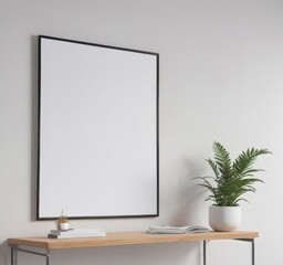 Poster - Sleek minimalist poster mockup; hanging frame, white wall, clips, modern, clean, empty frame, decoration, display,  wall, mockup,  image