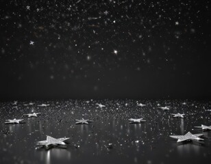 Wall Mural - Scattered silver glitter stars, dark background, twinkling effect, glamour, decoration, christmas