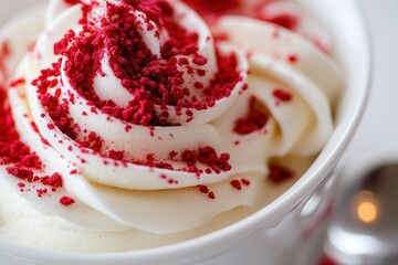 Poster - Close-up of a bowl of creamy dessert, swirled and topped with vibrant red sprinkles. The texture and color contrast create a visually appealing treat.